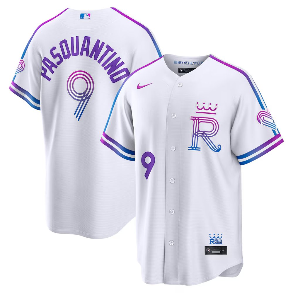 Men's Kansas City Royals #9 Vinnie Pasquantino White 2026 City Connect Stitched Jersey Men's Kansas City Royals #9 Vinnie Pasquantino White 2026 City Connect Stitched Jersey