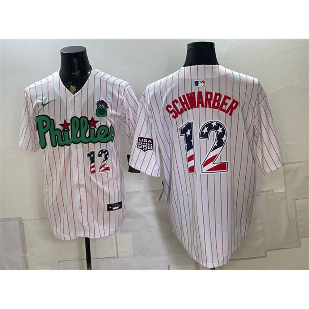 Men's Philadelphia Phillies #12 Kyle Schwarber White Phanatic USA 250 Fourth of July Jersey Men's Philadelphia Phillies #12 Kyle Schwarber White Phanatic USA 250 Fourth of July Jersey