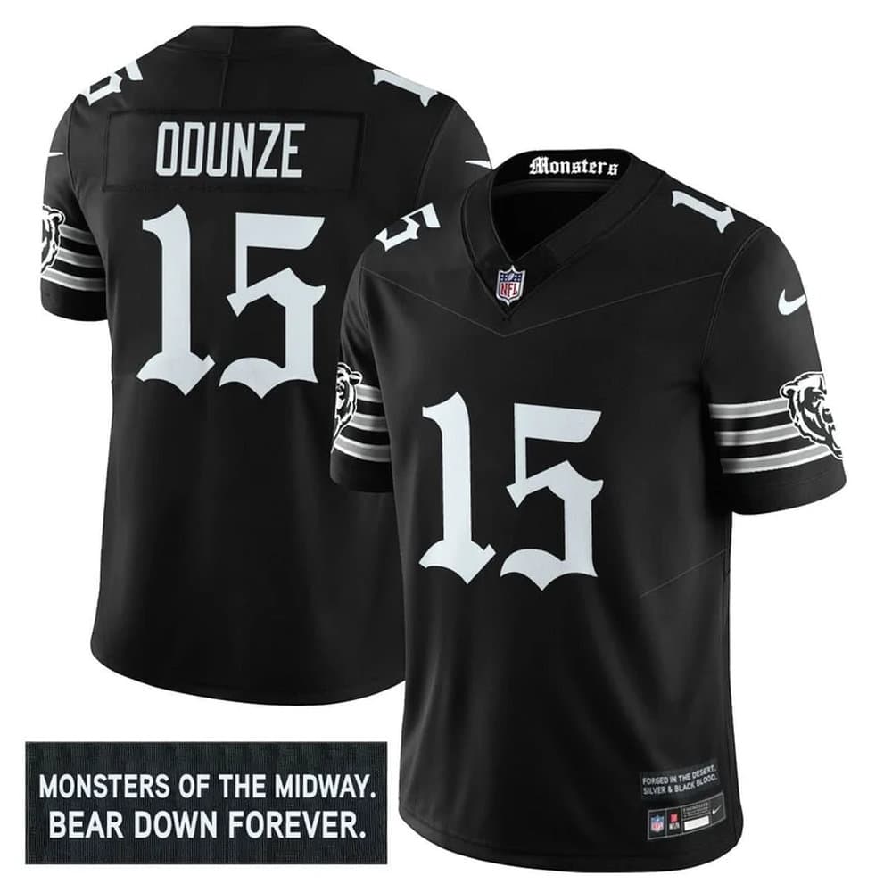 Men's Chicago Bears #15 Rome Odunze Black 'Gothic Monsters Edition' Vapor F.U.S.E. Limited Jersey Men's Chicago Bears #15 Rome Odunze Black 'Gothic Monsters Edition' Vapor F.U.S.E. Limited Jersey