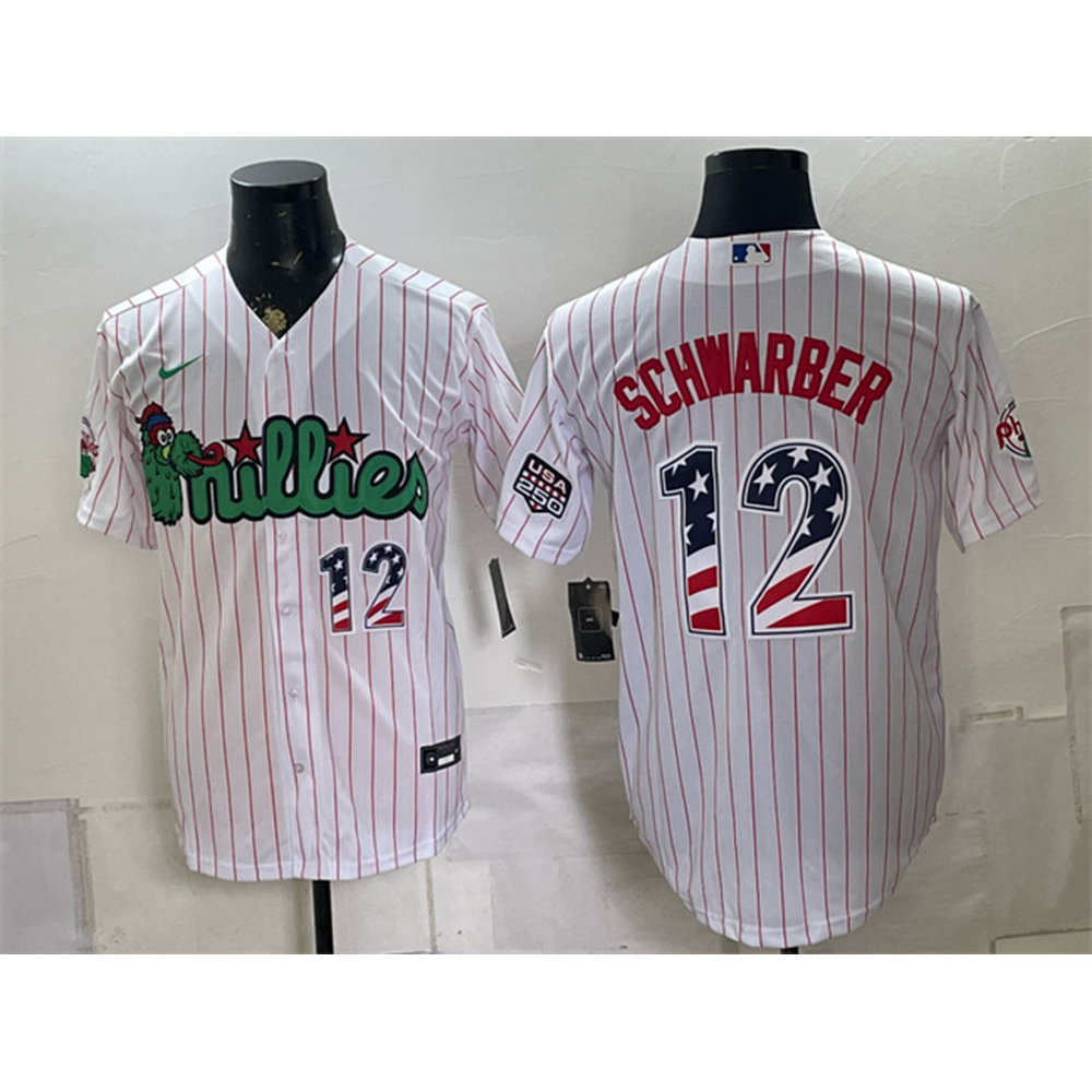 Men's Philadelphia Phillies #12 Kyle Schwarber White Phanatic USA 250 Fourth of July Jersey