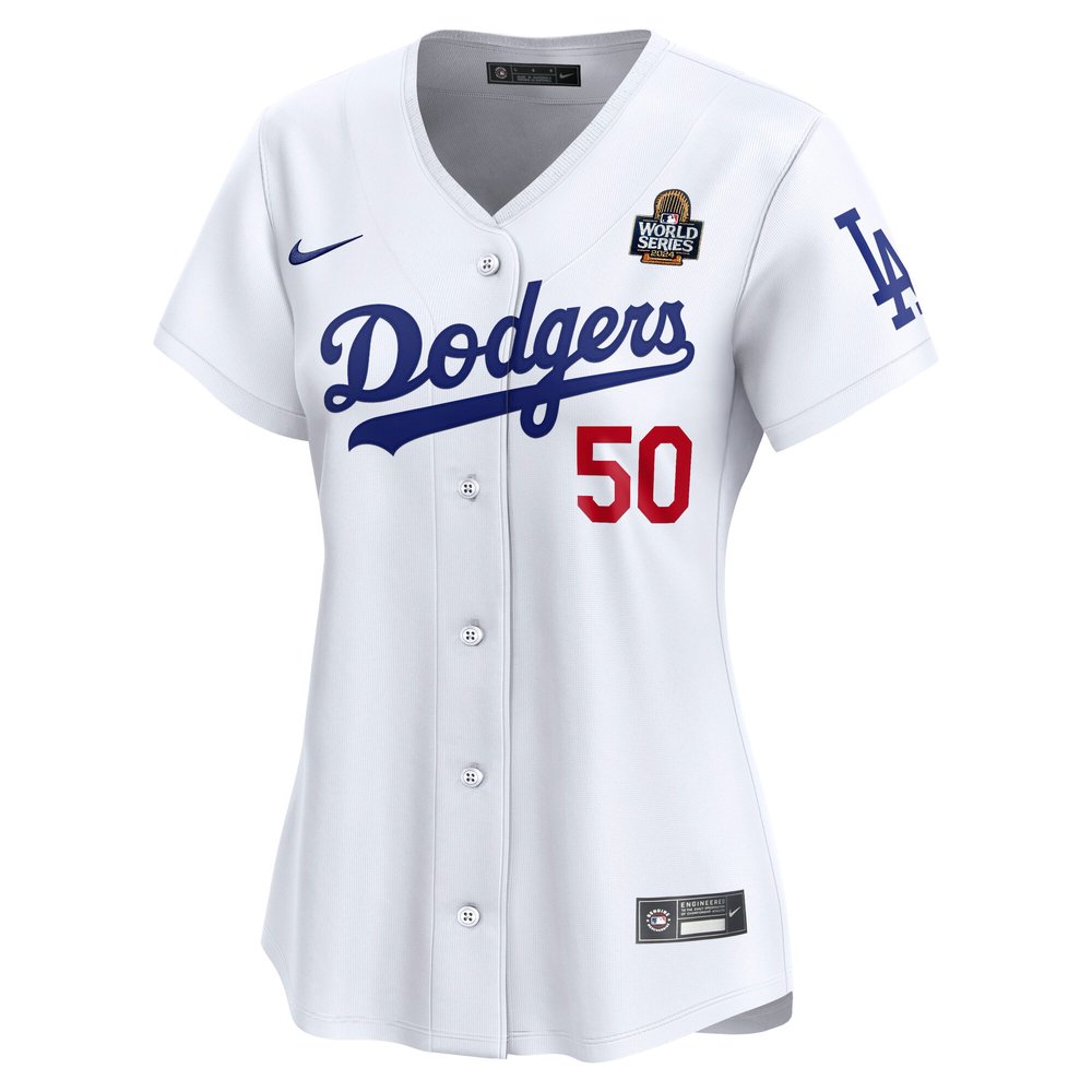 Women's Los Angeles Dodgers #50 Mookie Betts White 2024 World Series Home Limited Player Jersey Women's Los Angeles Dodgers #50 Mookie Betts White 2024 World Series Home Limited Player Jersey