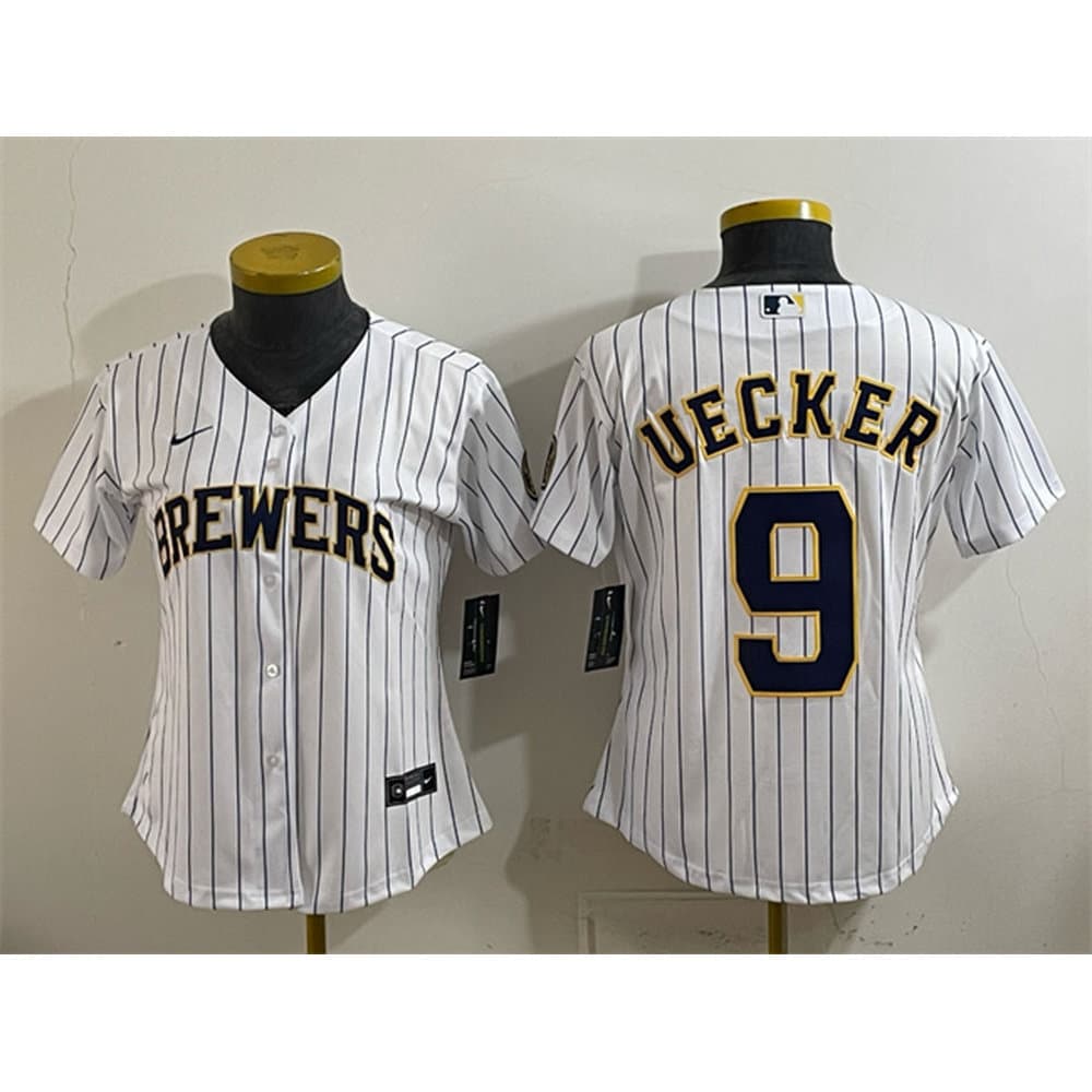 Women's Milwaukee Brewers #9 Bob Uecker White Cool Base Stitched Jersey Women's Milwaukee Brewers #9 Bob Uecker White Cool Base Stitched Jersey
