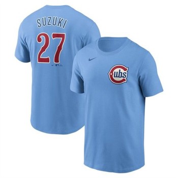 Men's Chicago Cubs #27 Seiya Suzuki Baby Blue Fuse Name & Number T-Shirt Men's Chicago Cubs #27 Seiya Suzuki Baby Blue Fuse Name & Number T-Shirt