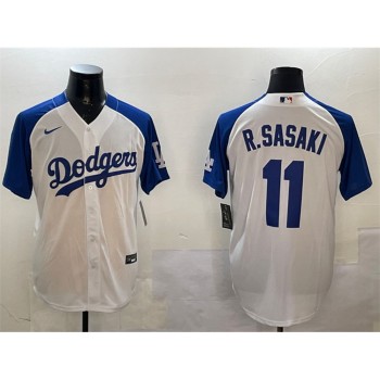 Men's Los Angeles Dodgers #11 Roki Sasaki White/Blue Cool Base Stitched Baseball Jersey Men's Los Angeles Dodgers #11 Roki Sasaki White/Blue Cool Base Stitched Baseball Jersey