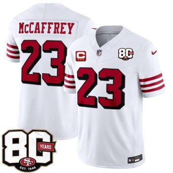 Men's San Francisco 49ers #23 Christian McCaffrey New White 2026 With 80th Anniversary & 3-Star C Patch Vapor F.U.S.E. Untouchabl Limited Jersey Men's San Francisco 49ers #23 Christian McCaffrey New White 2026 With 80th Anniversary & 3-Star C Patch Vapor F.U.S.E. Untouchabl Limited Jersey