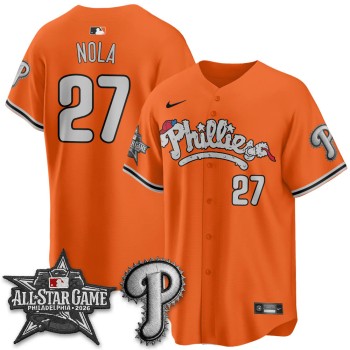 Men's Philadelphia Phillies #27 Aaron Nola Orange 2026 MLB All-Star Jersey Men's Philadelphia Phillies #27 Aaron Nola Orange 2026 MLB All-Star Jersey