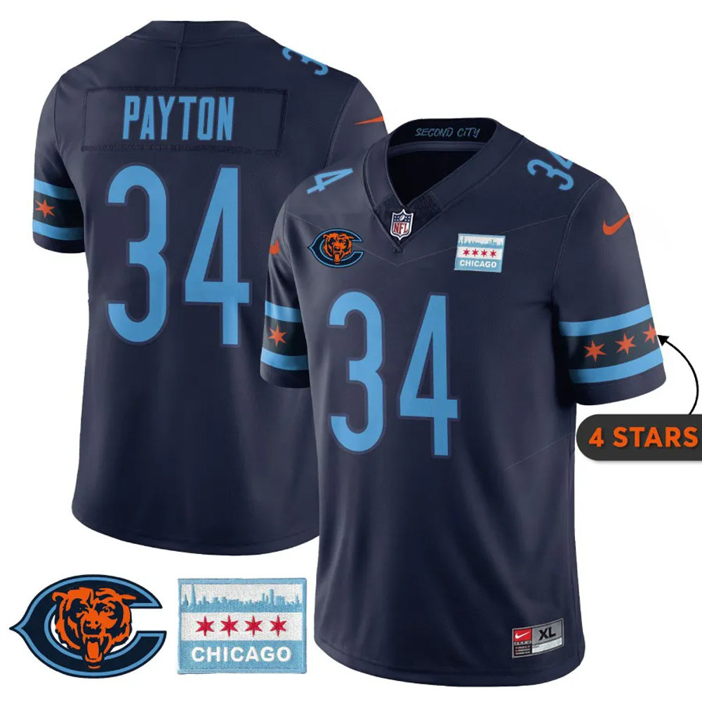 Men's Chicago Bears #34 Walter Payton Navy City Edition With Chicago Flag Vapor F.U.S.E. Untouchable Limited Jersey